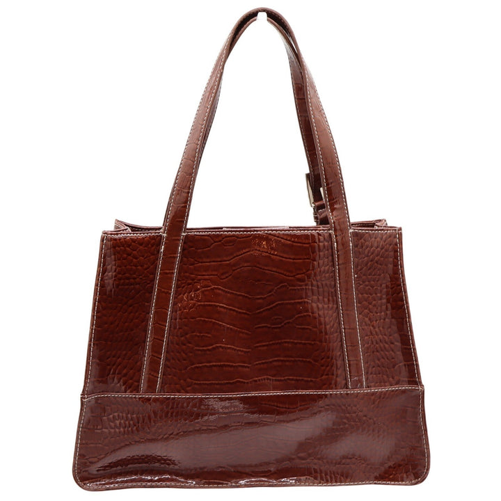 Liz Claiborne Tote Bag Women's Large Croc Embossed Brown Patent Faux Leather