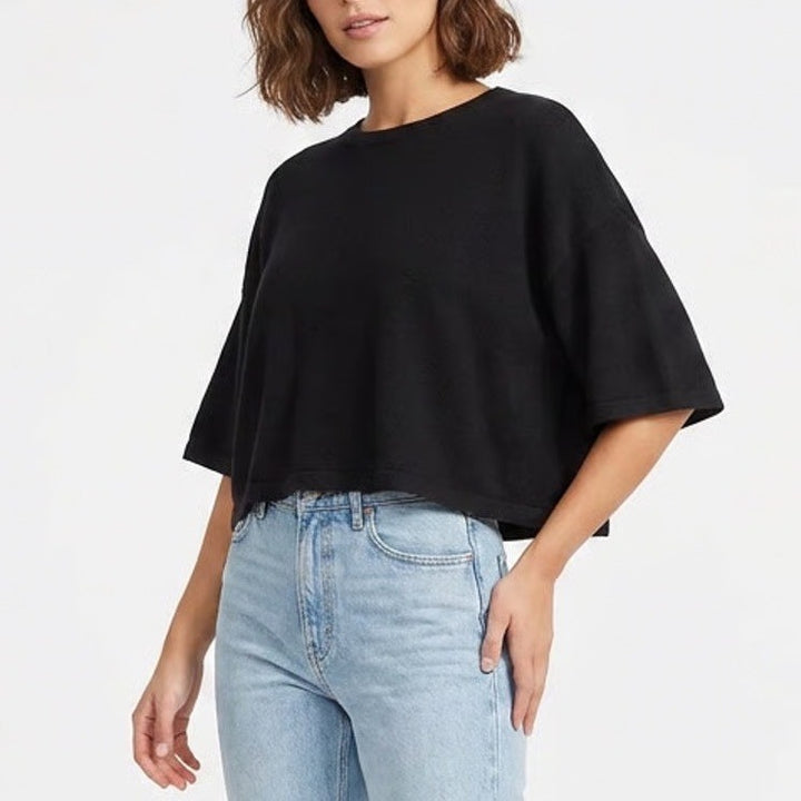 SO Womens Black Boxy Crop T-Shirt 100% Cotton Short Sleeve Crew Neck Size M
