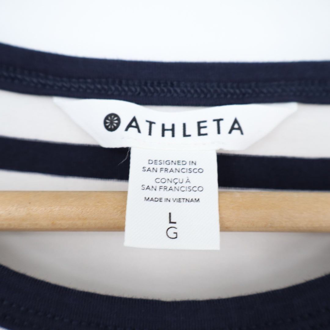 Athleta T-Shirt Dress Women L White Blue Striped Crew Neck Short Sleeve Pullover