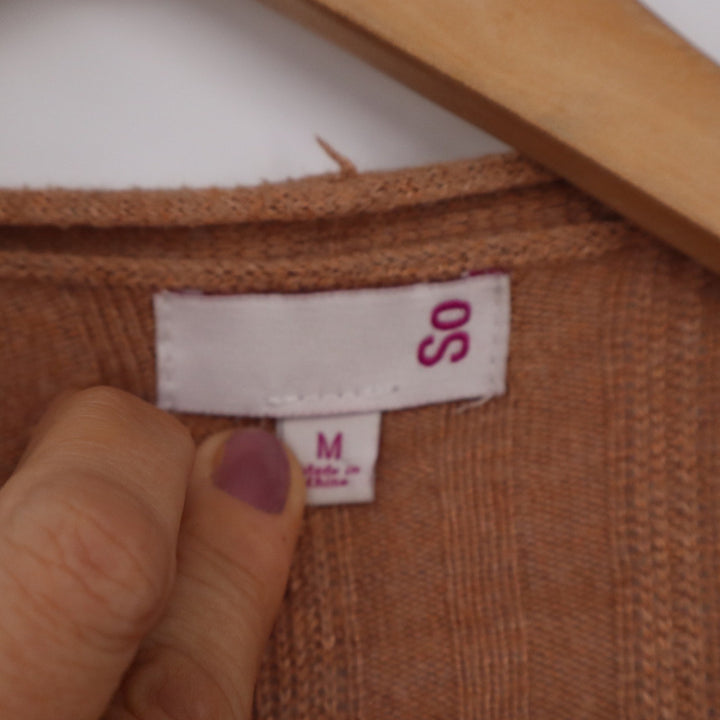 SO Womens Ribbed Open Front Cardigan Terracotta Brown Long Sleeve Size M
