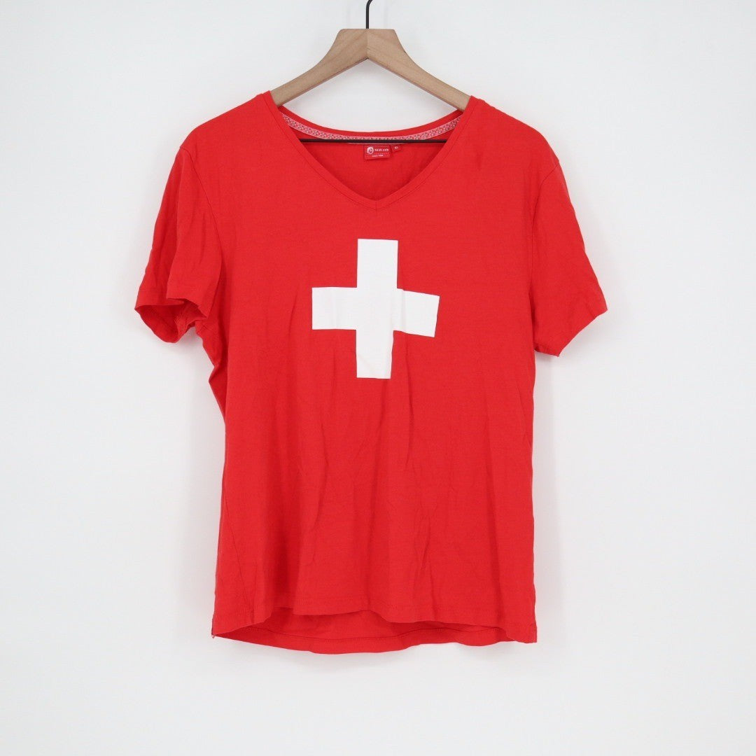 Heidi com Red Swiss Flag V Neck T Shirt XL Cotton Modal Made in Turkey