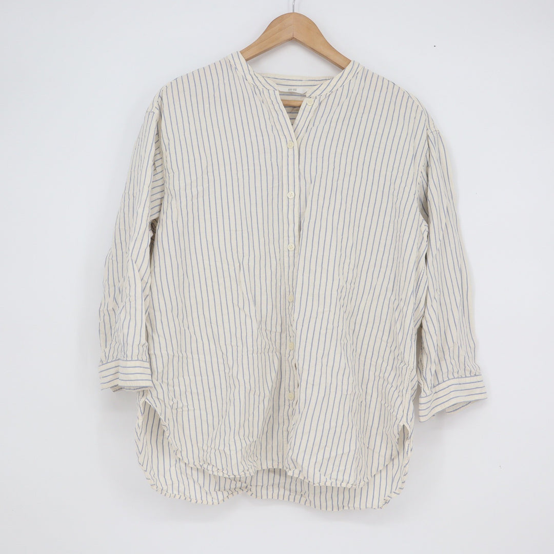 Uniqlo Womens L Pinstripe Band Collar Linen Blend Blouse Blue Cream