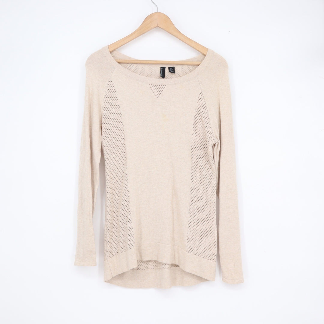 Cynthia Rowley Cotton Cashmere Pointelle Mesh Trim Sweater Beige Small