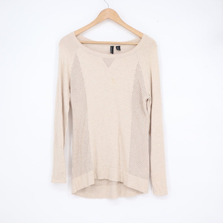 Cynthia Rowley Cotton Cashmere Pointelle Mesh Trim Sweater Beige Small