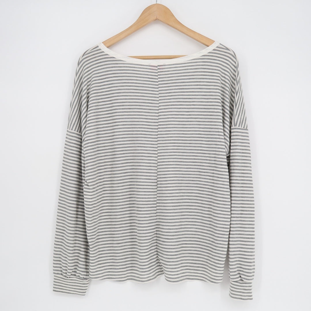 Pink Lily Top Womens Medium Gray White Striped Stretch Waffle Knit Relaxed Fit