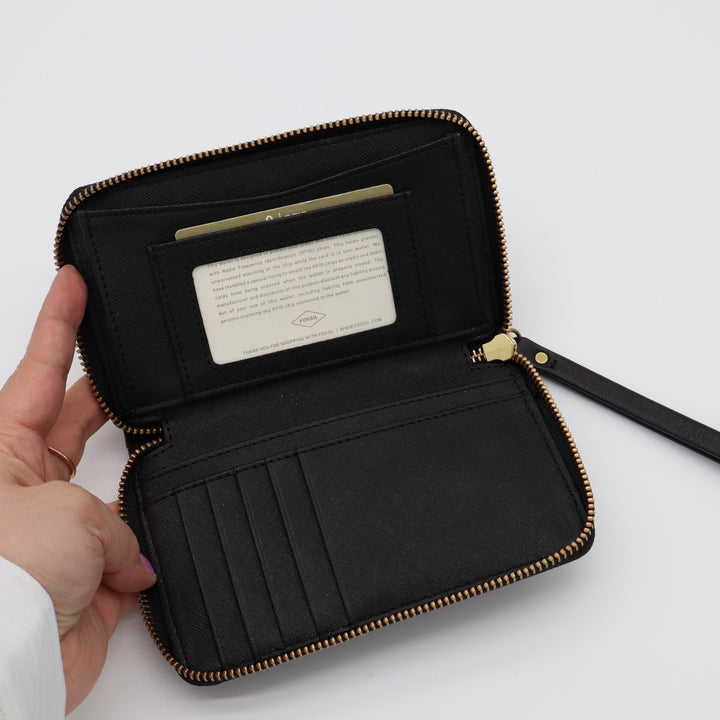 Fossil Jori RFID Womens Black Pebbled Leather Zip Around Wristlet Strap Clutch