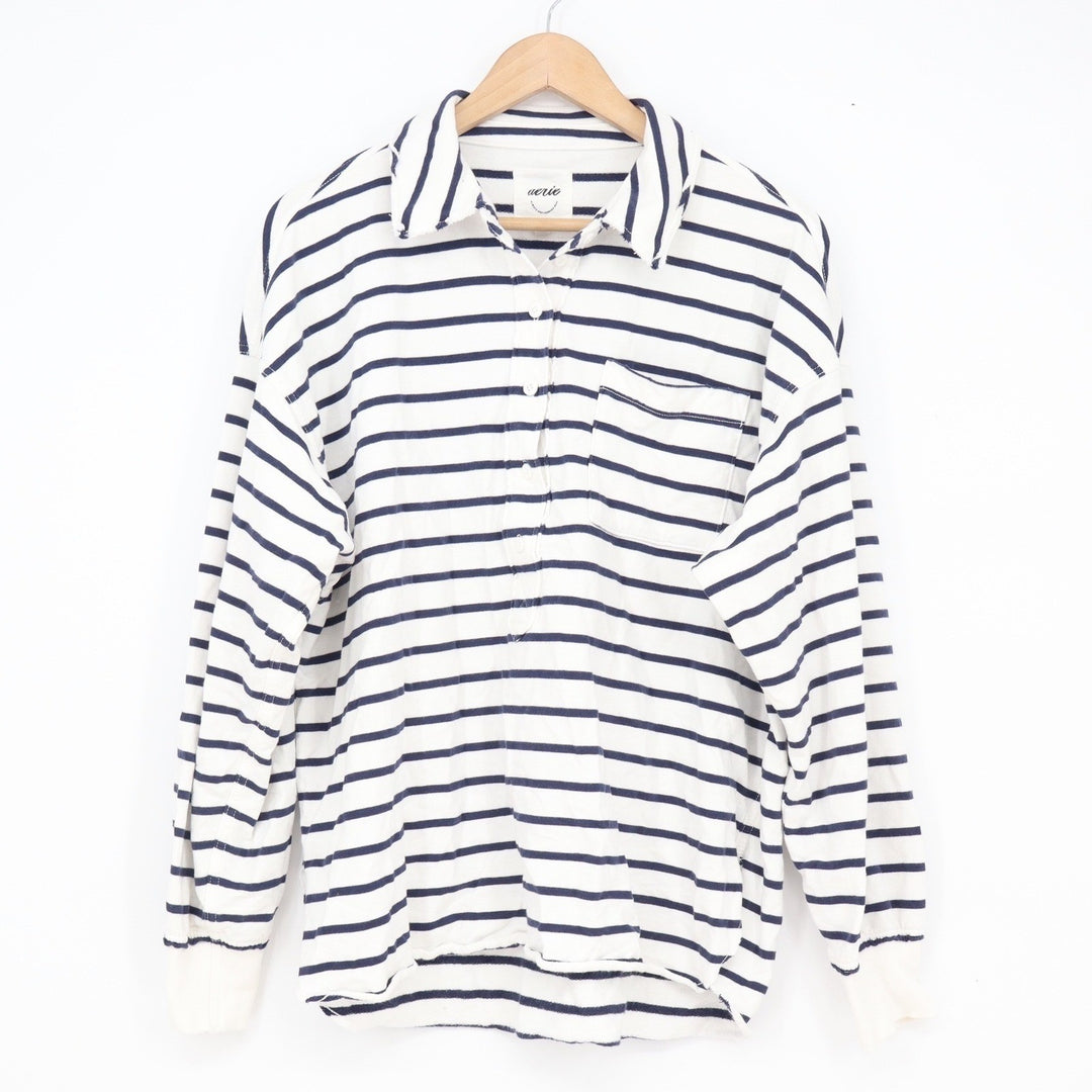 Aerie Women's Navy White Striped Long Sleeve Polo Shirt Cotton Relaxed XS