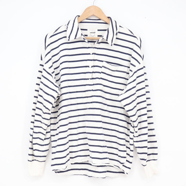 Aerie Women's Navy White Striped Long Sleeve Polo Shirt Cotton Relaxed XS