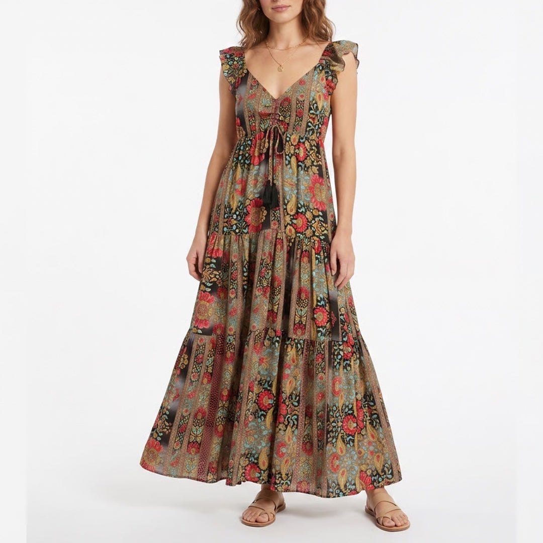 Boemo Womens Floral Paisley Smocked Tiered Maxi Dress Ruffle Strap Large