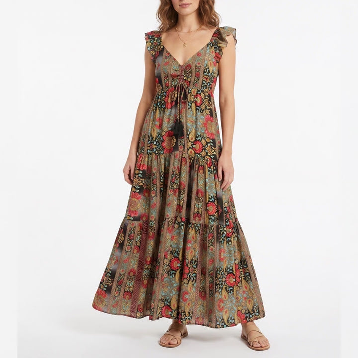 Boemo Womens Floral Paisley Smocked Tiered Maxi Dress Ruffle Strap Large