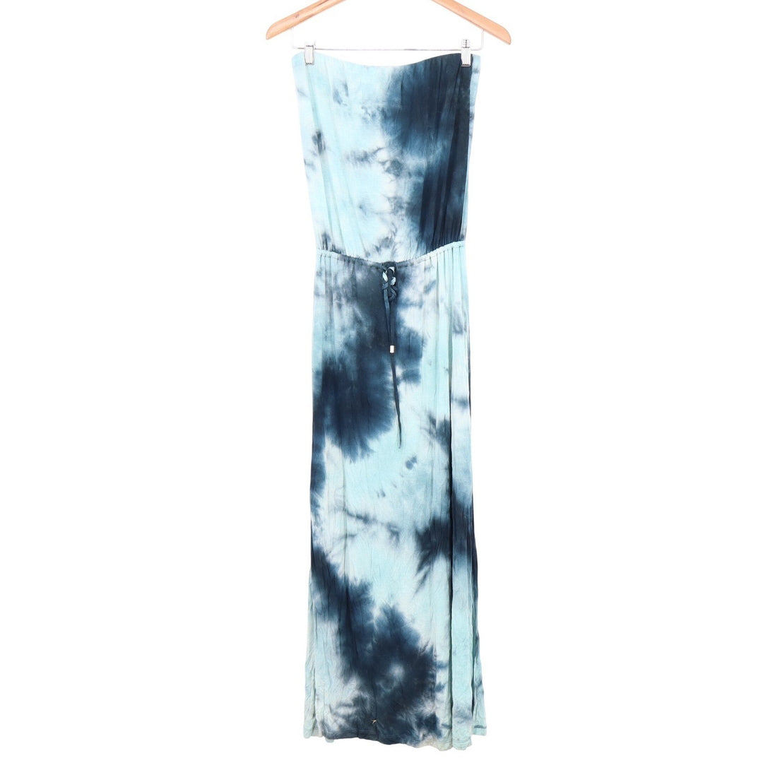 Veronica M Blue Tie Dye Strapless Maxi Dress Small Drawstring Waist Boho