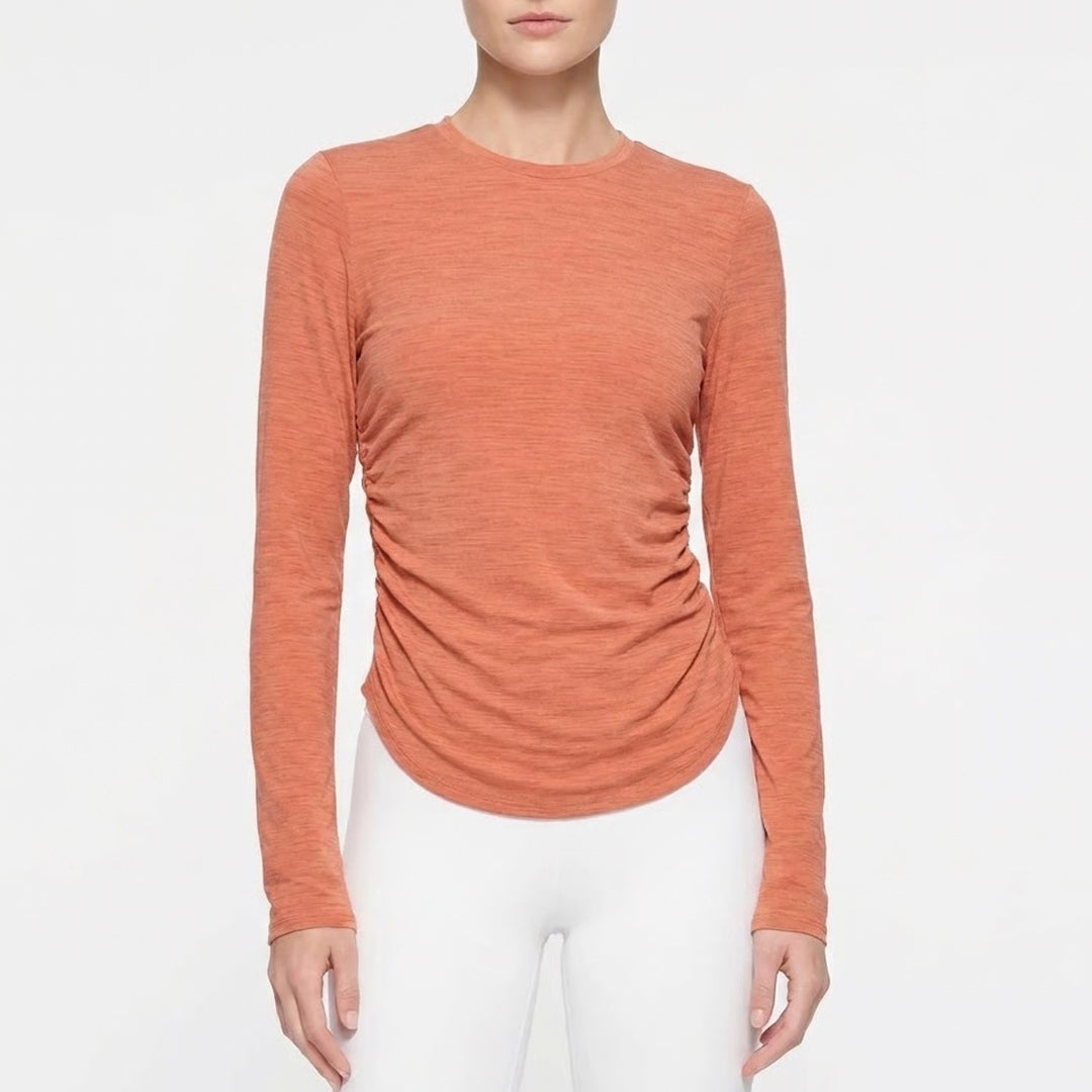 Calia Tissue Texture Long Sleeve Crew Dark Orange Ruched Top XS