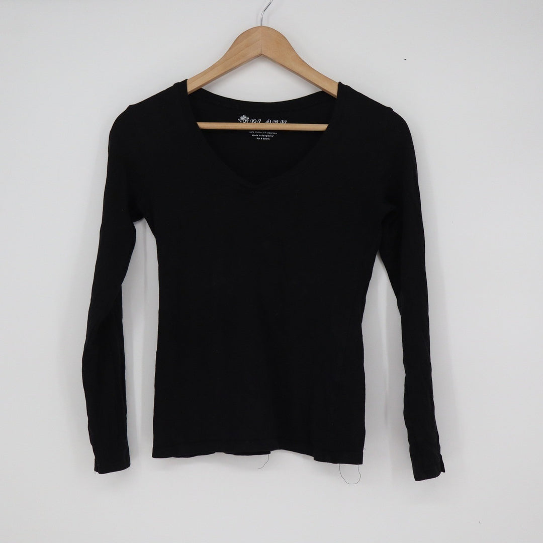 Splash Womens V-Neck Long Sleeve T-Shirt Black Cotton Spandex Size S