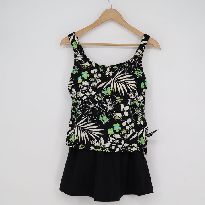 Tropical Floral Swim Dress Black Green Palm Leaf Side Tie Scoop Neck Sleeveless
