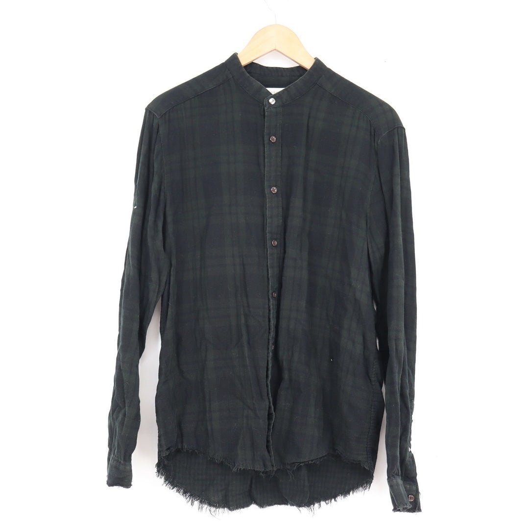 Zara Man Green Black Plaid Mandarin Collar Raw Hem Button Up Shirt Mens Large L