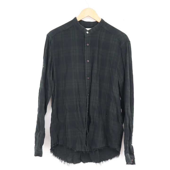 Zara Man Green Black Plaid Mandarin Collar Raw Hem Button Up Shirt Mens Large L