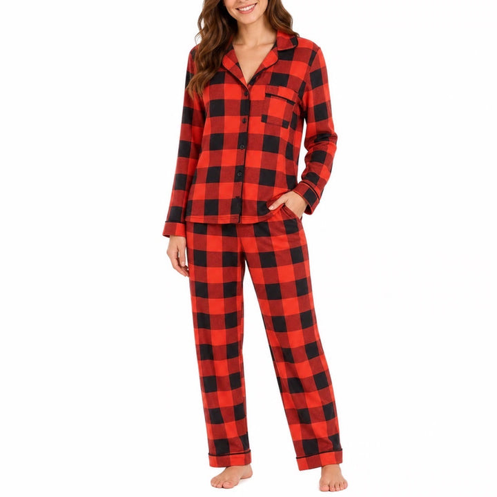 Red Black Buffalo Plaid Pajama Set Long Sleeve Button Down Pants Large