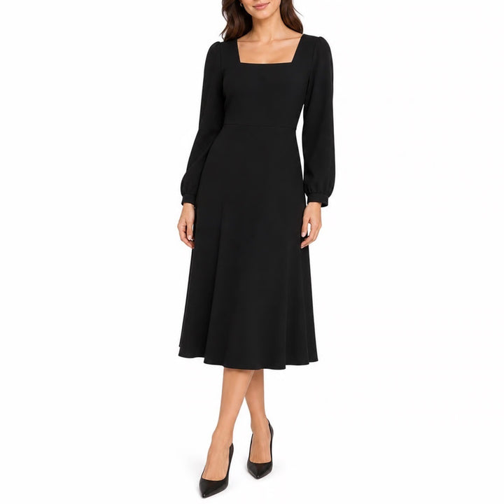 Han Fan Womens Black Square Neck Long Sleeve Midi A-Line Dress XL