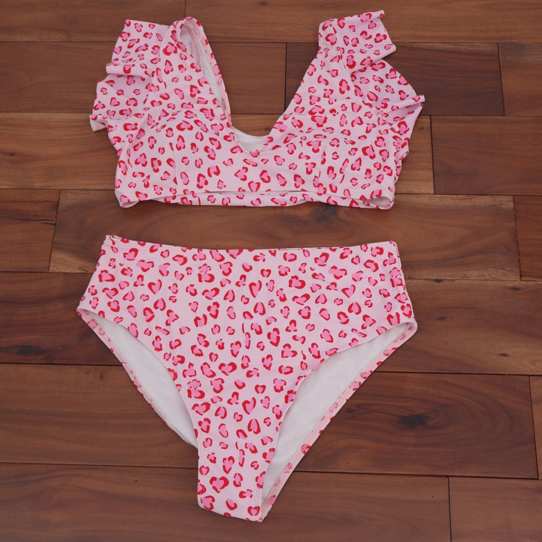 Pink Heart Leopard Print Ruffle V-Neck High Waisted Bikini Set XL