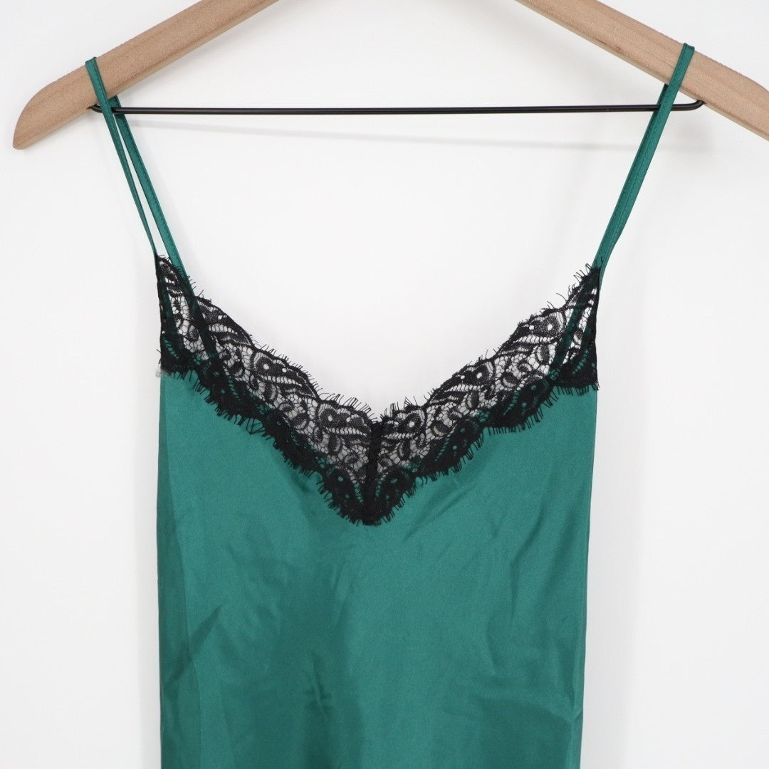 Linea Donatella Babydoll Dress Women Medium Green Stretch V-Neck Spaghetti Strap