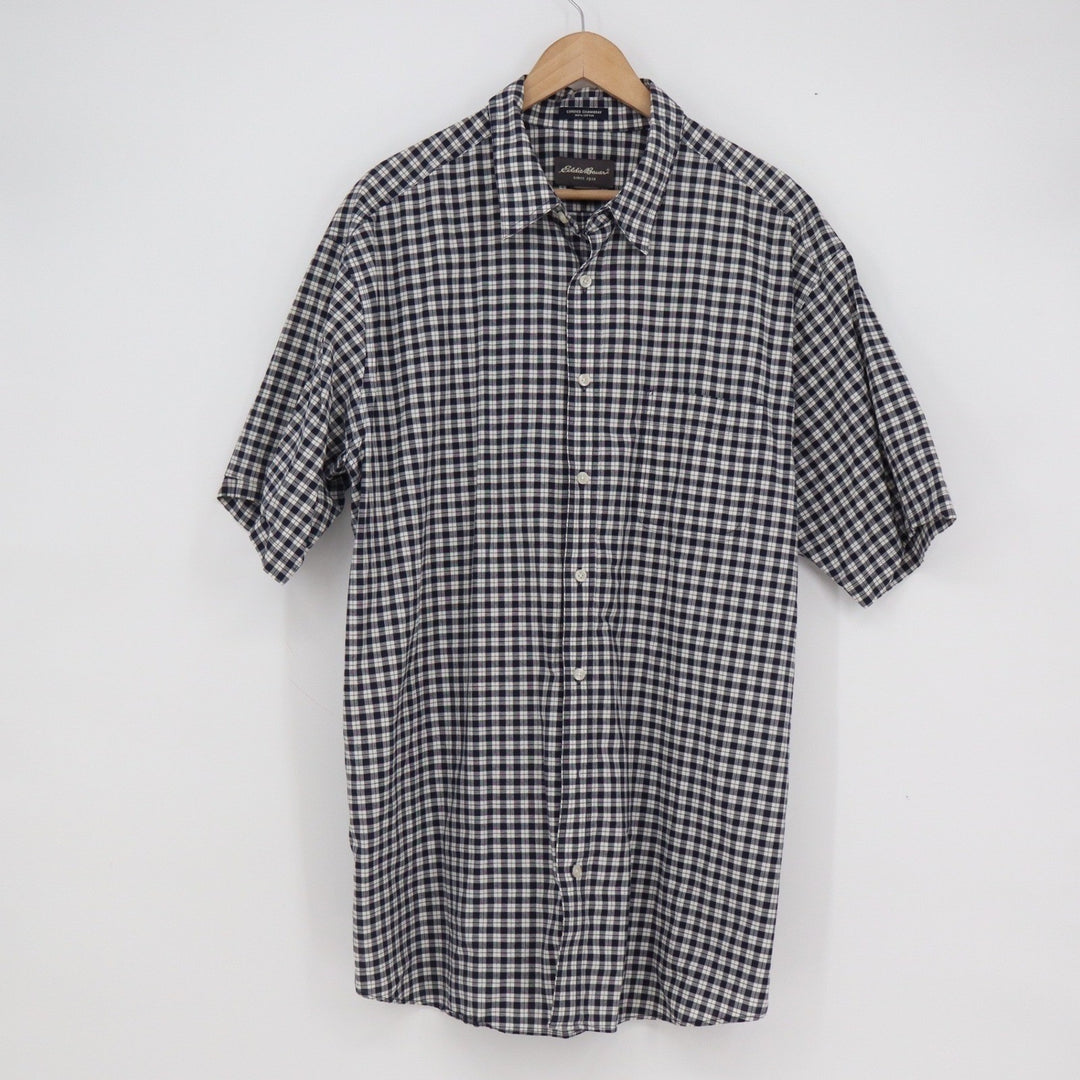 Eddie Bauer Mens XL Tall Navy Blue White Check Corded Chambray SS Button Shirt