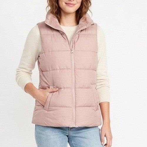Old Navy Frost Free Puffer Vest Womens Large Blush Nylon Full Zip Fleece Lined