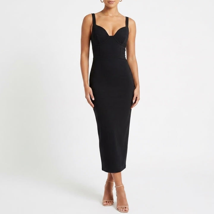 Naked Wardrobe Black Ribbed Bustier Midi Dress Size L Sleeveless V-Neck