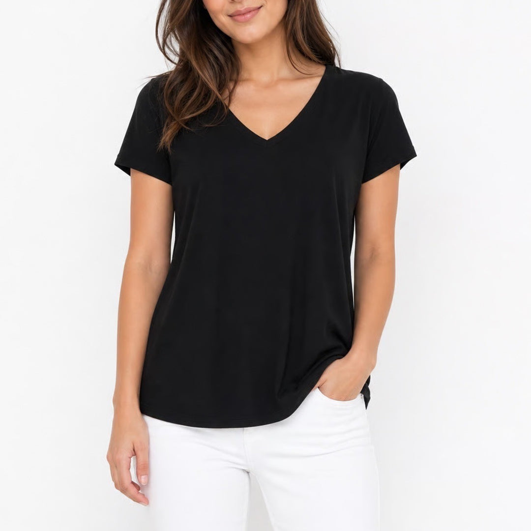 Automet Womens Black V-Neck Short Sleeve T-Shirt Size M Stretch Basic