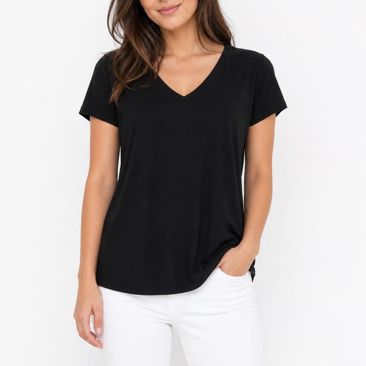 Automet Womens Black V-Neck Short Sleeve T-Shirt Size M Stretch Basic