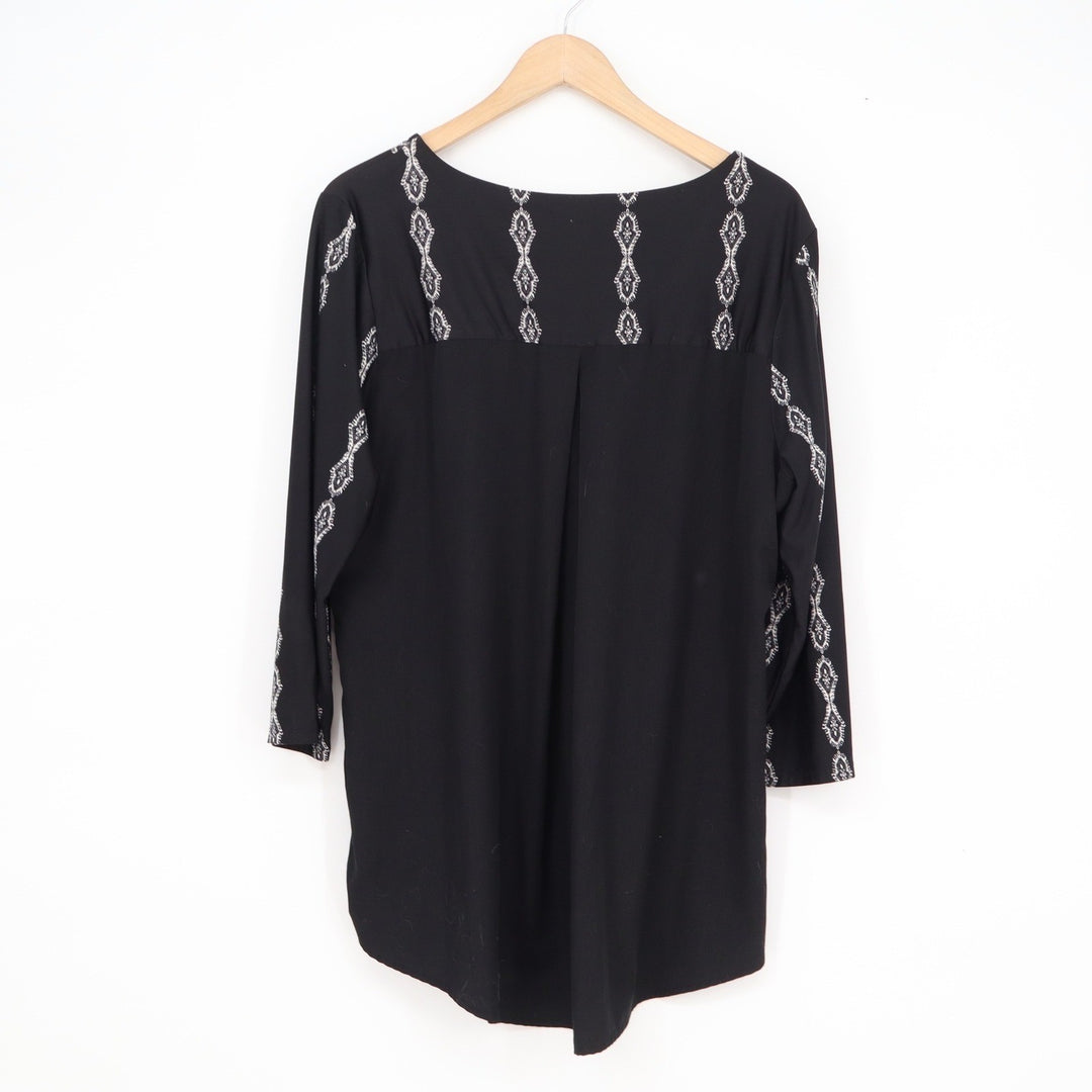 Roz & Ali Womens XL Black Paisley Border Print 3/4 Sleeve High Low Blouse Top