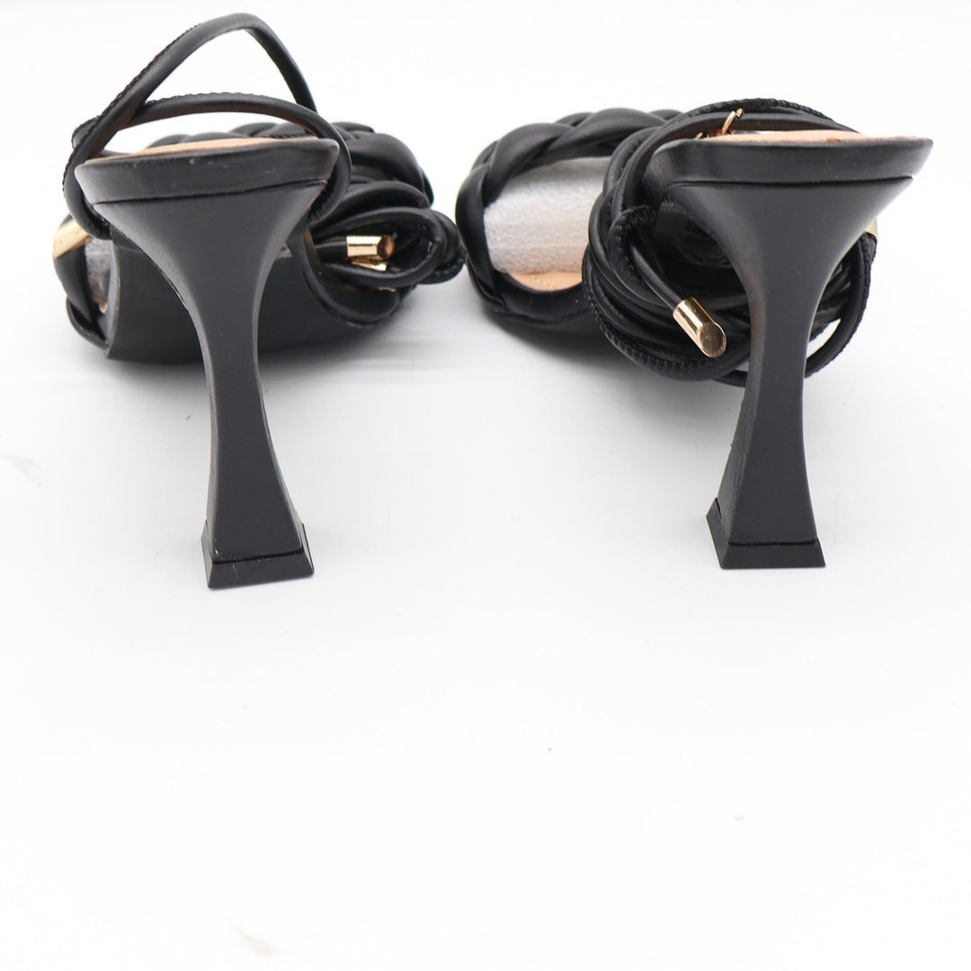 Love Mark Black Braided Lace Up Square Toe Flared Stiletto Sandal Heels Size 8.5