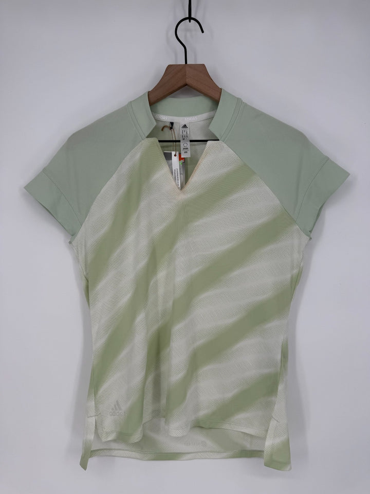 Adidas Heat Rdy Polo Shirt Womens Medium Linen Green Logo Cap Sleeve Split Neck