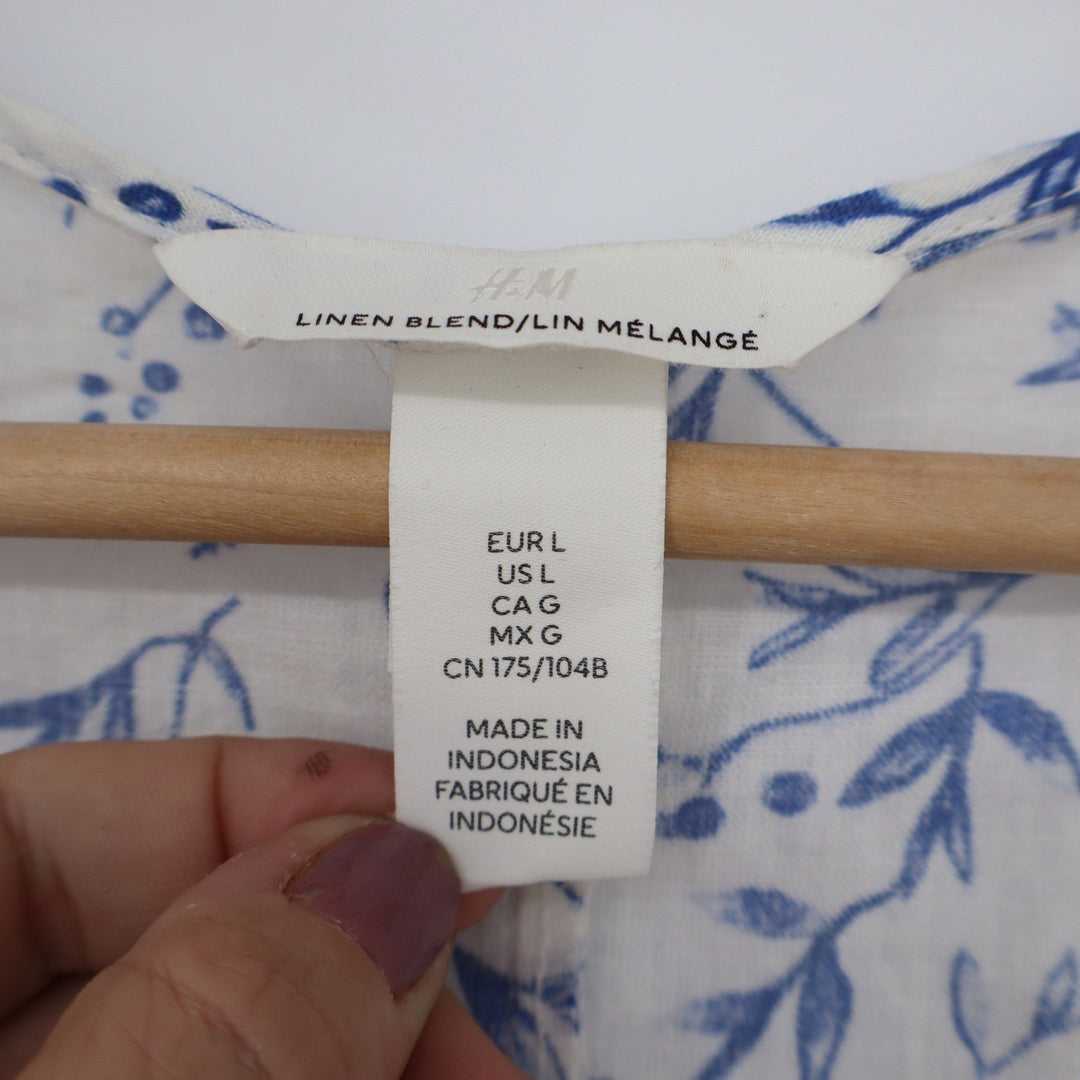 HM Blue Floral Linen Blend Puff Sleeve V-Neck Button Front Blouse Large
