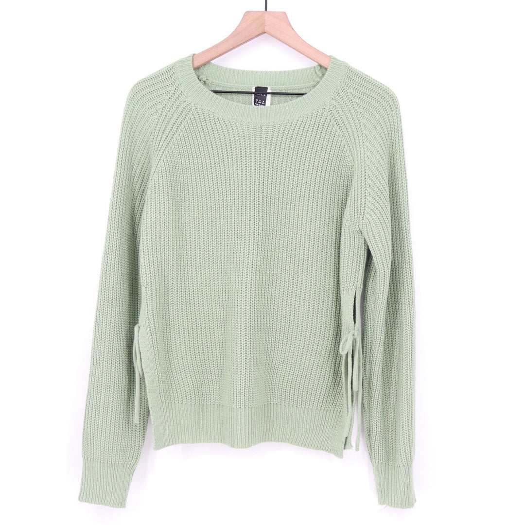 SHEIN Mint Green Shaker Knit Side Tie Lace Up Sweater Large Crew Neck Pullover