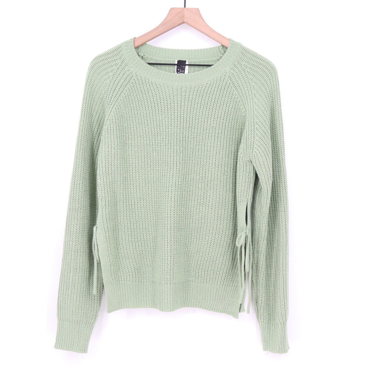SHEIN Mint Green Shaker Knit Side Tie Lace Up Sweater Large Crew Neck Pullover