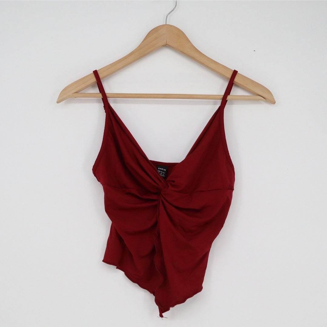 SHEIN Burgundy Red Twist Front Handkerchief Hem Cami Top XS Adjustable Straps