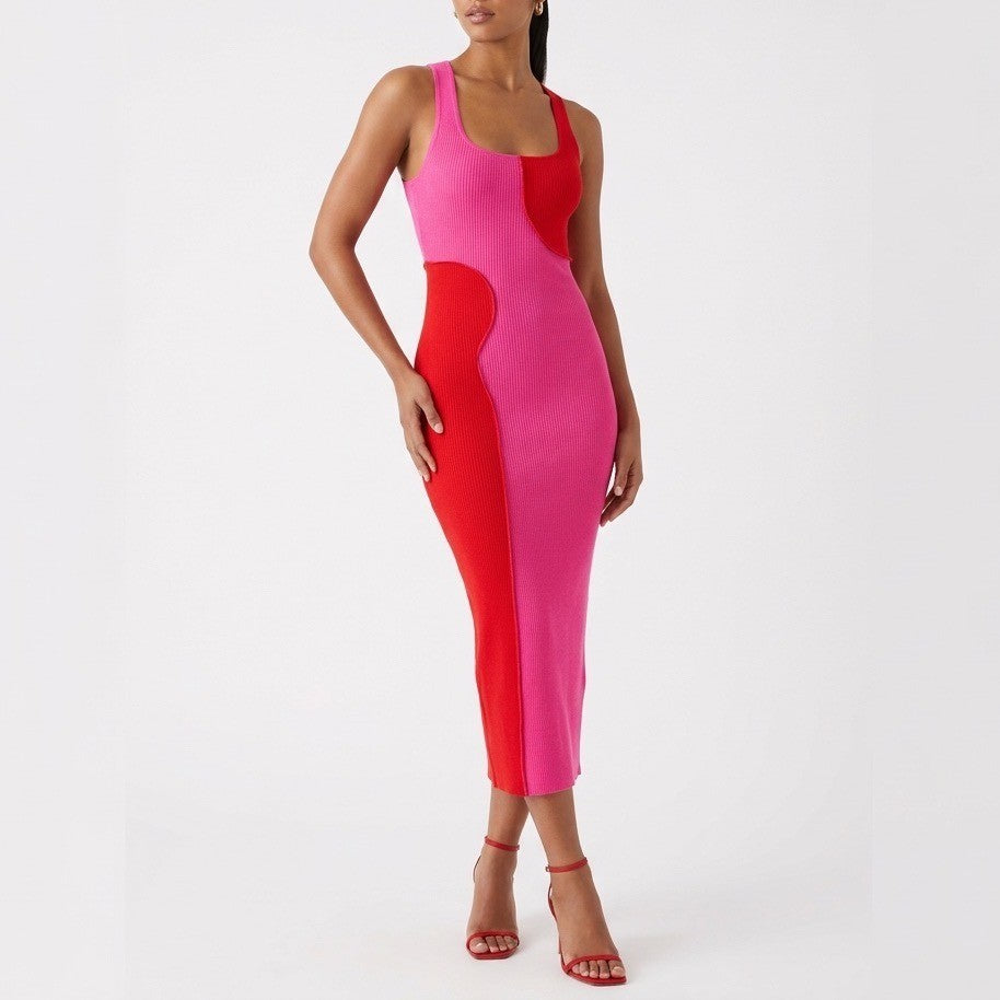 Naked Wardrobe Pink Red Colorblock Ribbed Midi Bodycon Racerback Dress Large