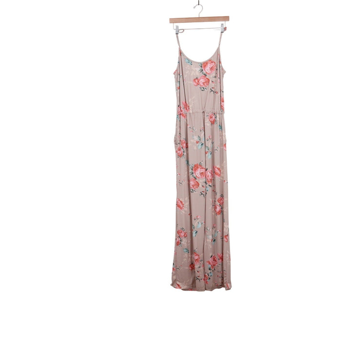Floral Wide Leg Jumpsuit Mauve Pink Rose Print Spaghetti Strap Pockets Large