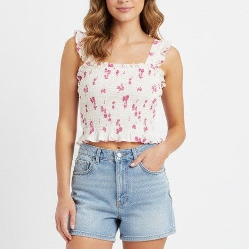 BP Smocked Floral Crop Top White Pink Square Neck Tank Size XL