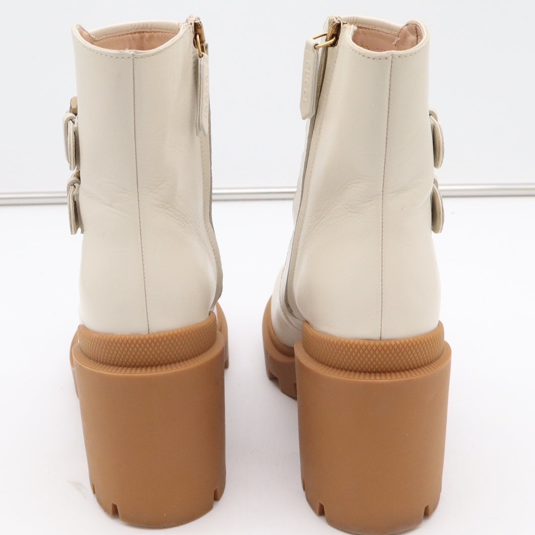 Gucci GG Supreme Leather Lug Sole Platform Buckle Ankle Boots White 38.5