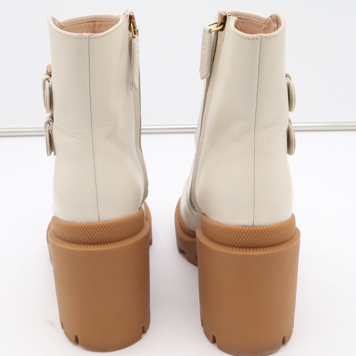 Gucci GG Supreme Leather Lug Sole Platform Buckle Ankle Boots White 38.5
