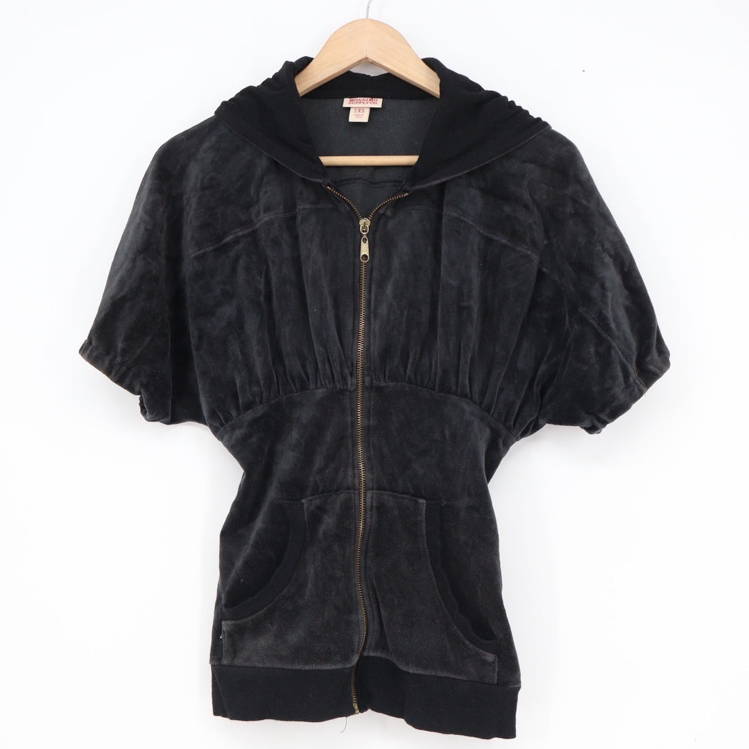 Mossimo Supply Co Black Velour Short Sleeve Zip Up Hoodie Empire Waist XS