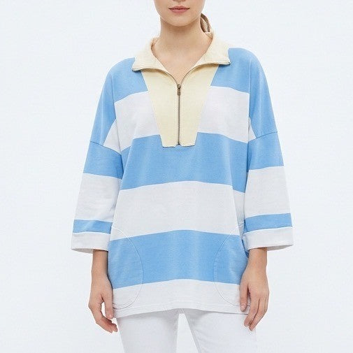 Sweatshirts Women Large White Blue Striped Half Zip Drop Shoulder Short Sleeve