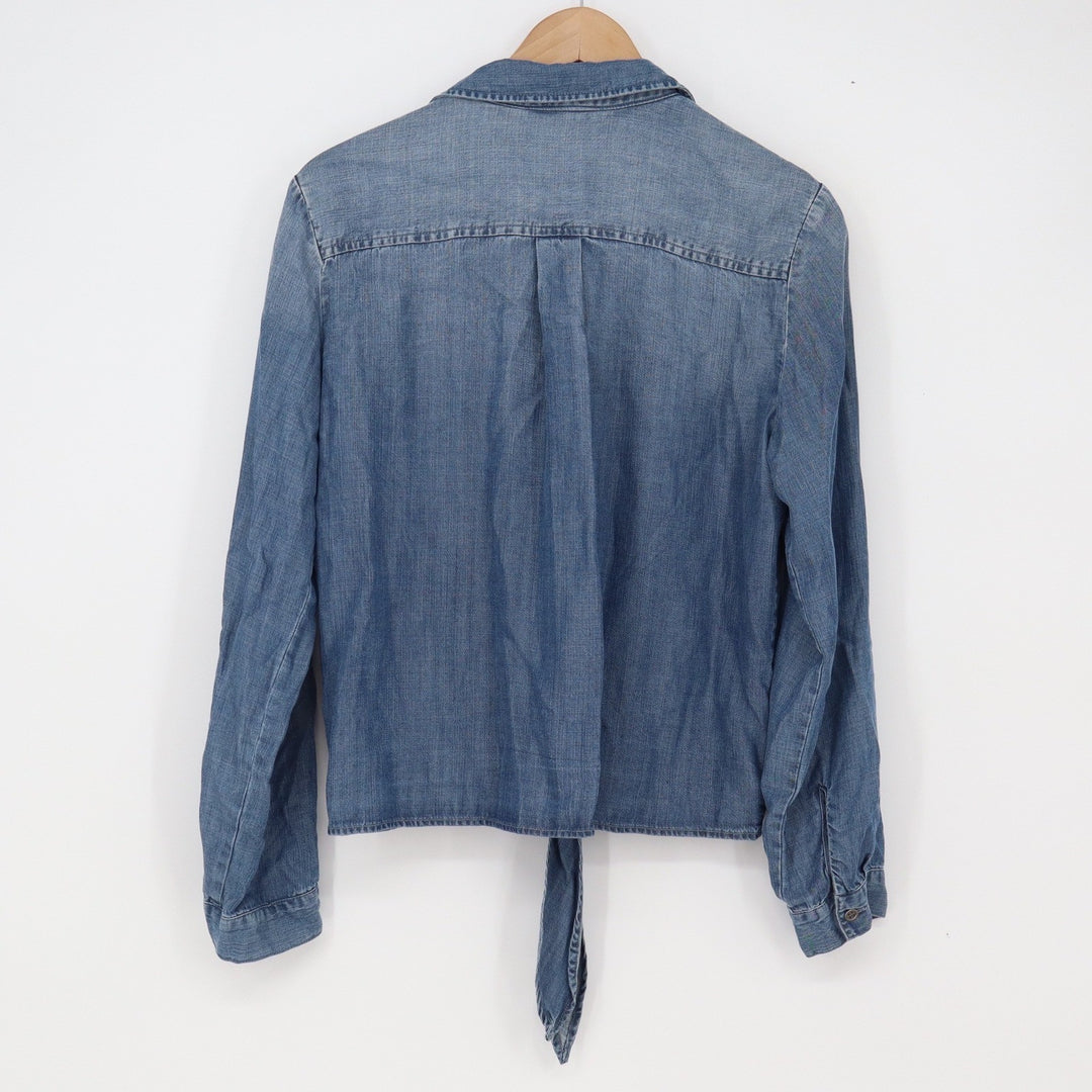 Jak & Rae Button-down Women S Tie Front Blue Chambray Tencel Long Sleeve Exc