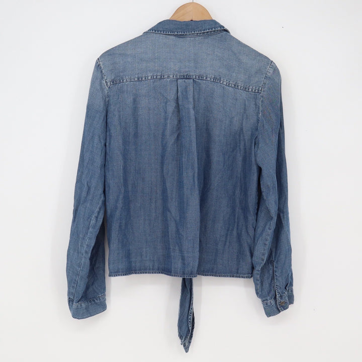 Jak & Rae Button-down Women S Tie Front Blue Chambray Tencel Long Sleeve Exc