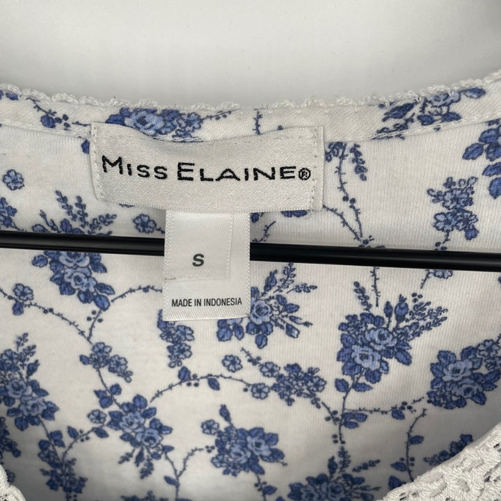 Miss Elaine Womens Blue Floral Nightgown Short Sleeve Button Neck Size S
