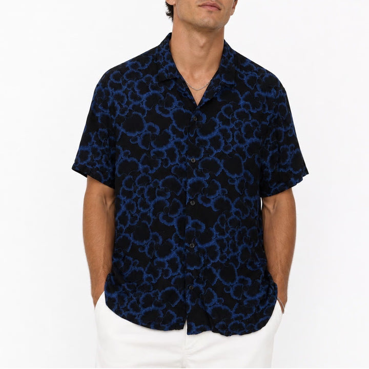 HM Mens Short Sleeve Button Down Shirt Blue Floral Black Viscose Large