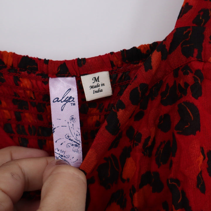 Alya Red Leopard Print Button Front Maxi Dress Smocked Back 79404 Mens Size M