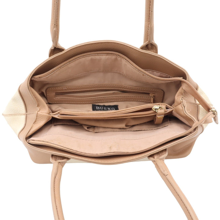 Bueno Two Tone Cream Tan Pebbled Faux Leather Shoulder Bag Gold Hardware