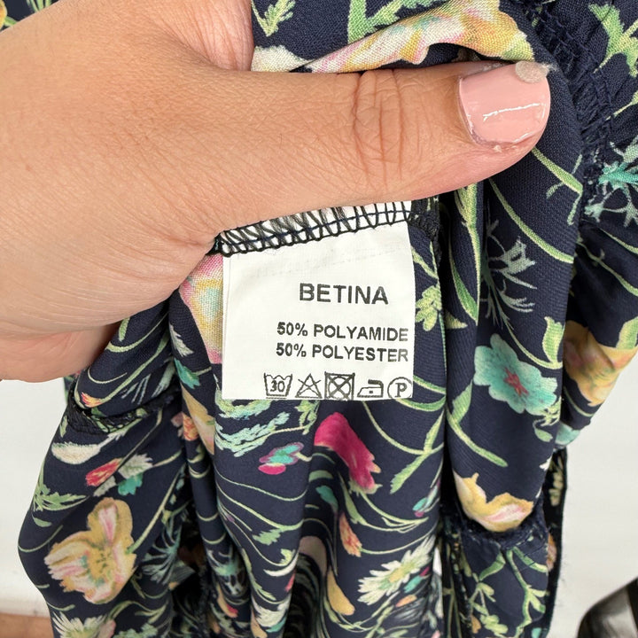 BETINA Floral Print Maxi Dress Deep V Neck Smocked Waist Tie Back Navy